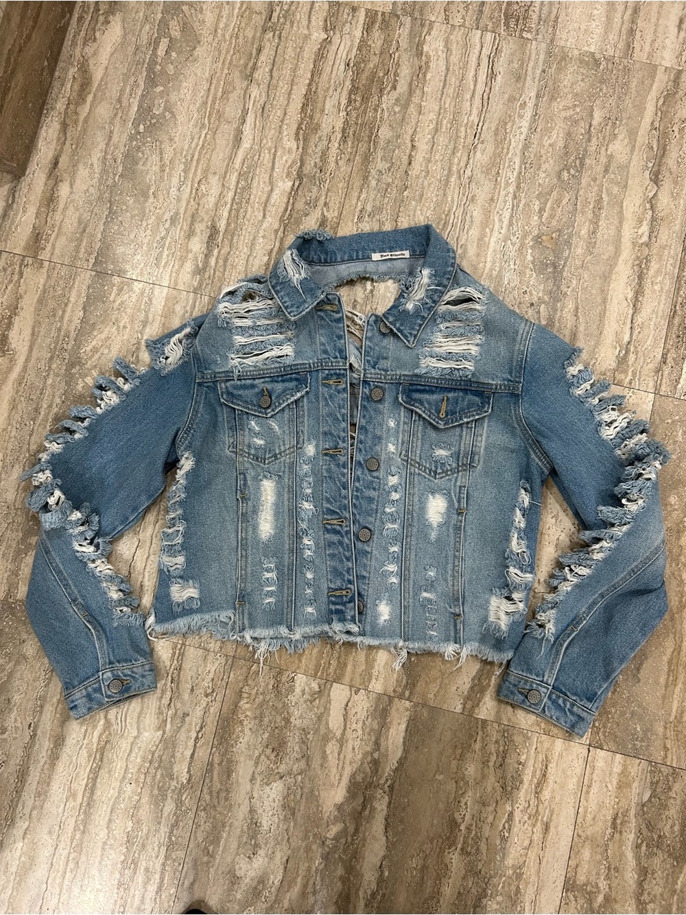 Light Blue Distressed Cropped Denim Jacket size small oversized